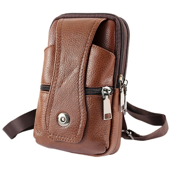 Riñonera de piel de vacuno, estilo vertical, con correa y gancho (marrón)