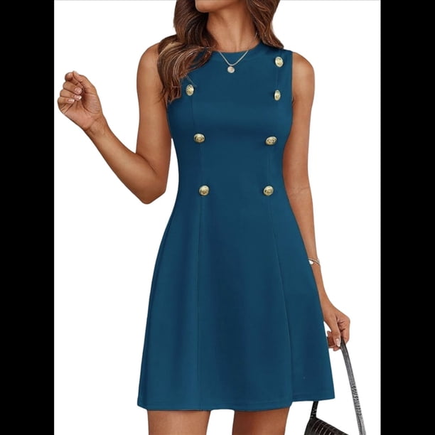 Vestido Mini Formal de Verano para Mujer, Informal, Sin Mangas, Elegante, con Botones, Ideal para Oficina Azul Pavo Real S