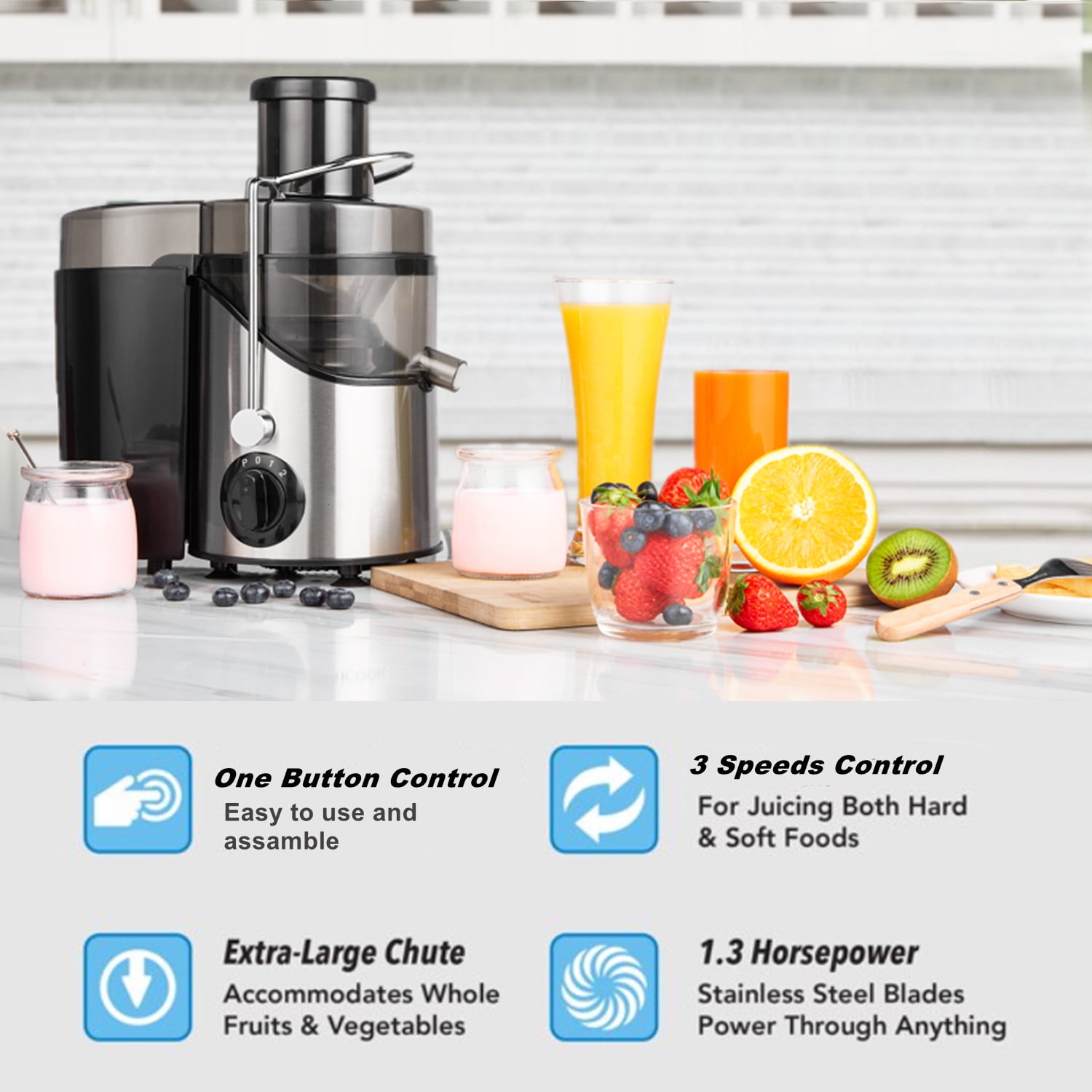 Juicer Machines 400W, 3" Wide Feed Chute Juicer Extractor for Whole Fruit and Vegetables, Anti-slip Feets, 3 Speeds Setting