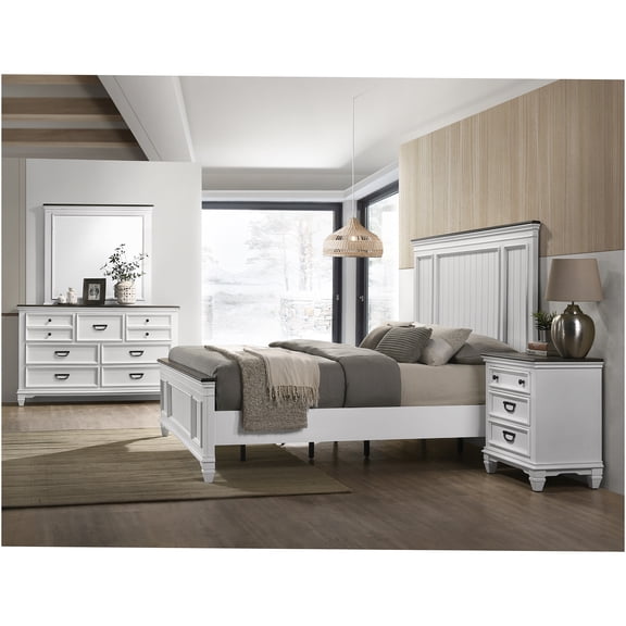 JERFIT 4-Piece Modern Farmhouse King Bedroom Set with Shiplap Headboard, Dresser, Mirror & Nightstand in Antique White and Gray