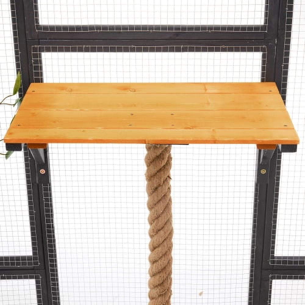 Outdoor Cat House Pine DIY Enclosure, Double Entry Catio with Platforms & 2 Condos, 62.8"L Balcony Playpen for 1-3 Cats, Black and Brown