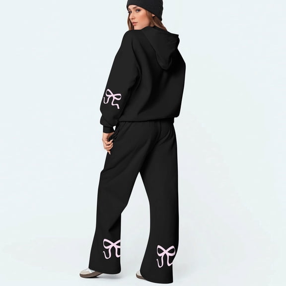 Womens Two Piece Sets Outfits Bow Fleece Fall Sweatpants and Hoodie Relaxed Fit Pullover Outings Sweatsuit, S
