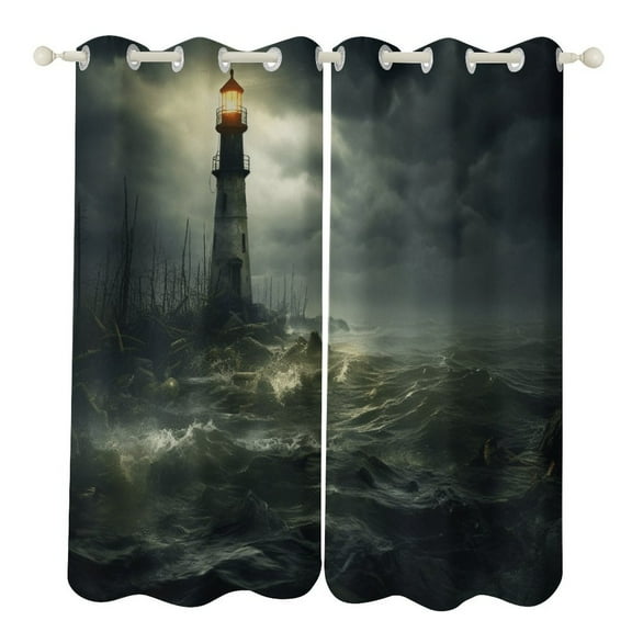 Blackout Curtains for Bedroom Ocean Lighthouse Full Room Darkening Grommet Curtains for Living Room,Thermal Insulated Ombre Drapes
