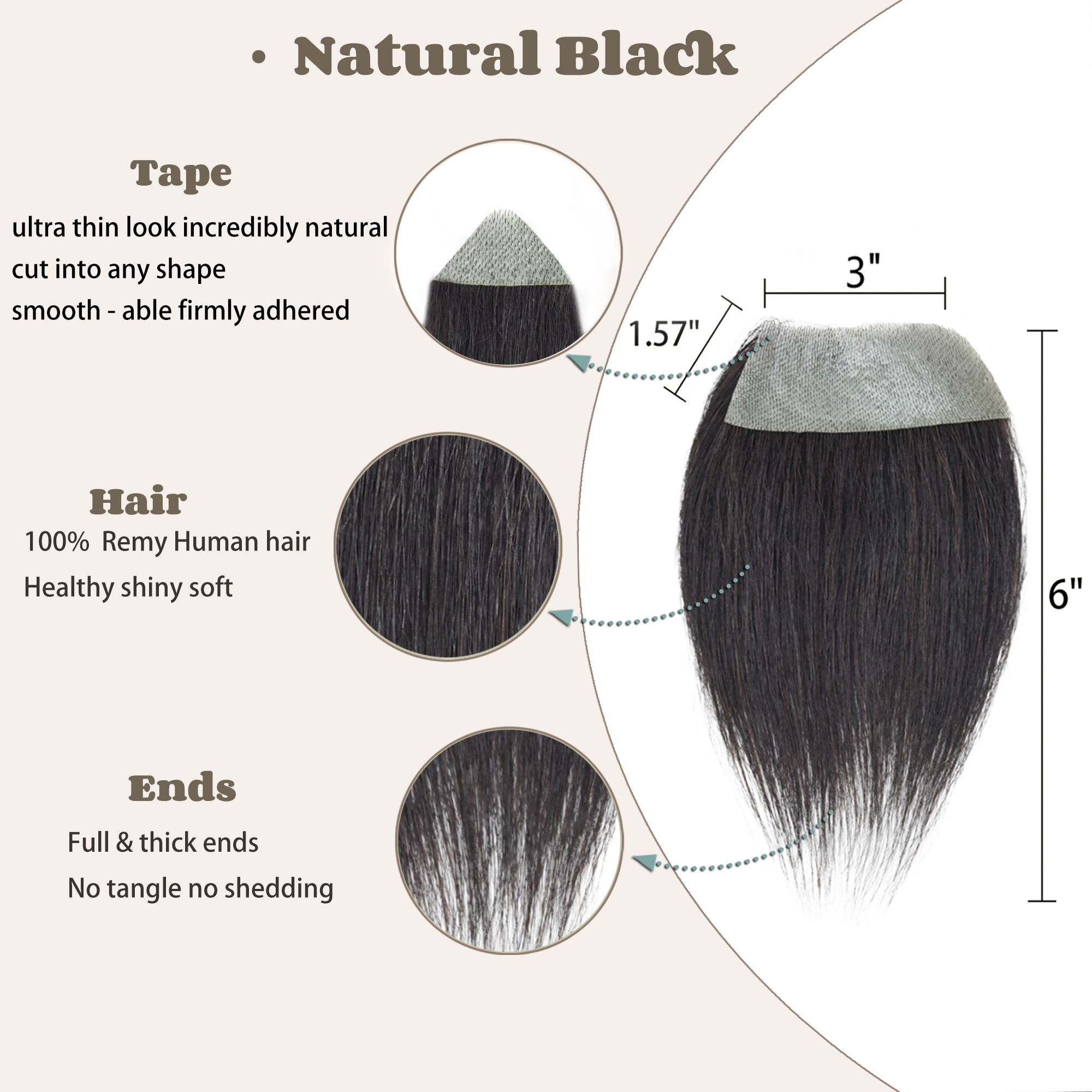 Human Hair Tape-In Hairpiece for Hairline Loss, 1.57x3 Inches viviaBella human hair bald spot hair patch toupee scar human  main image 3