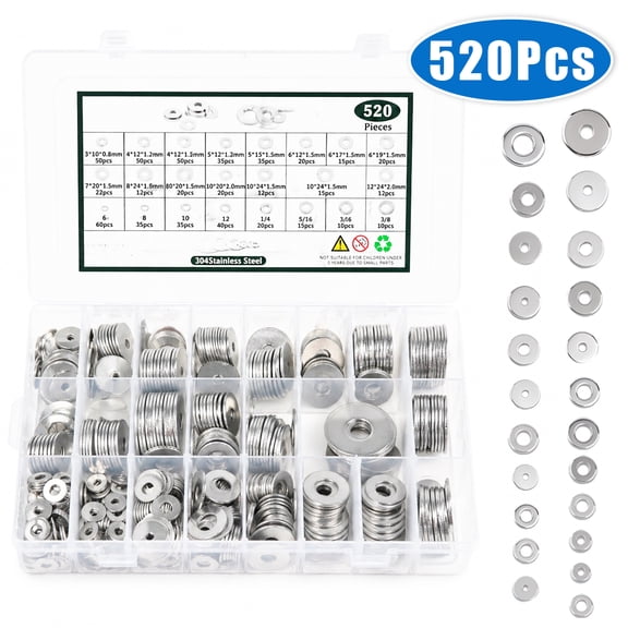 Fender Washers SAE Metric 23 Sizes Flat Washers Assortment Set 304 Stainless Steel Assorted Hardware Washers Kit for Bolts 520 Pcs