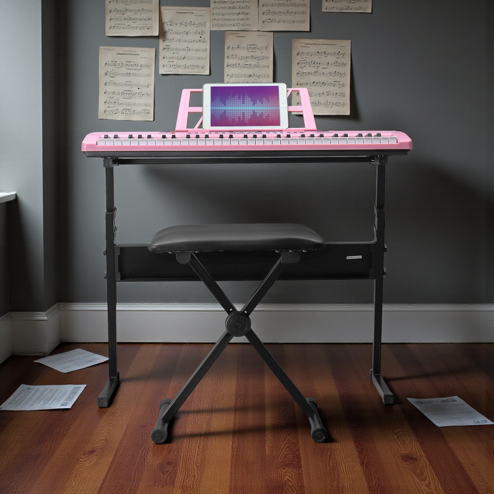 Tcbosik 61 Key Electronic Keyboard, Semi-Weighted Piano with Stand, Bench, Music Rest, Headphone, Microphone, LED Digital Display, Built In Speakers and 3 Teaching Modes, Pink