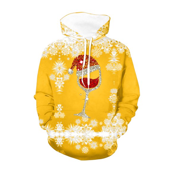 Men's Christmas Holiday Pullover Hooded Sweatshirt Long Sleeve Casual Warm Winter Fit Crewneck Top Festive Seasonal Outfits Yellow M