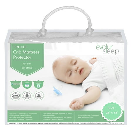 Evolur Full Size Crib Tencel Waterproof Mattress Protector and Fitted Sheet, White (2 Pack)