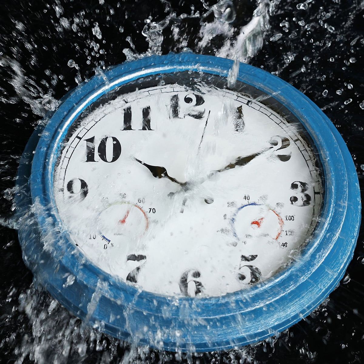 13 Inch Retro Wall Clock,Indoor and Outdoor,Quartz,Analog,Waterproof,Thermometer,Blue