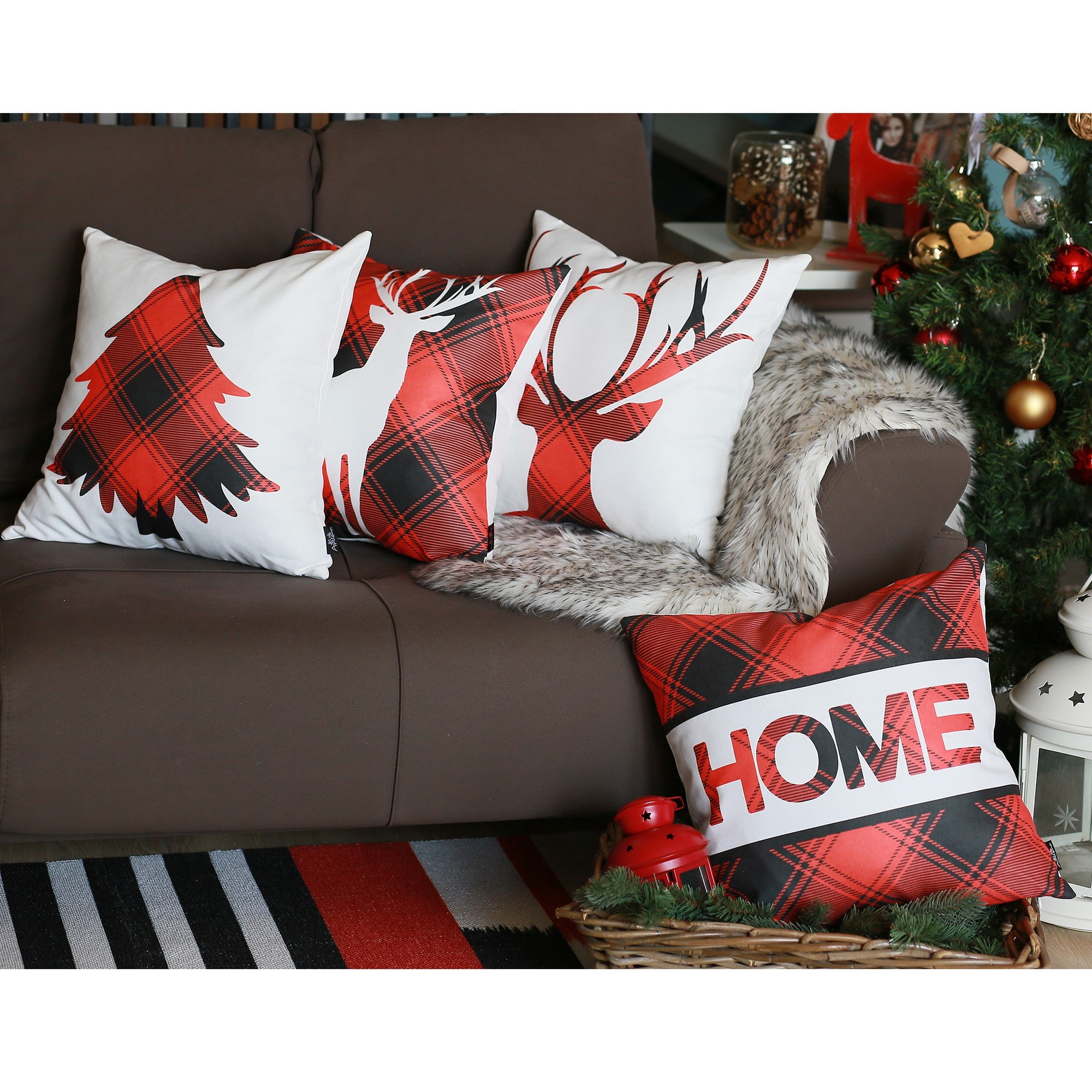Christmas Red and White Plaid Decorative Throw Pillow Set