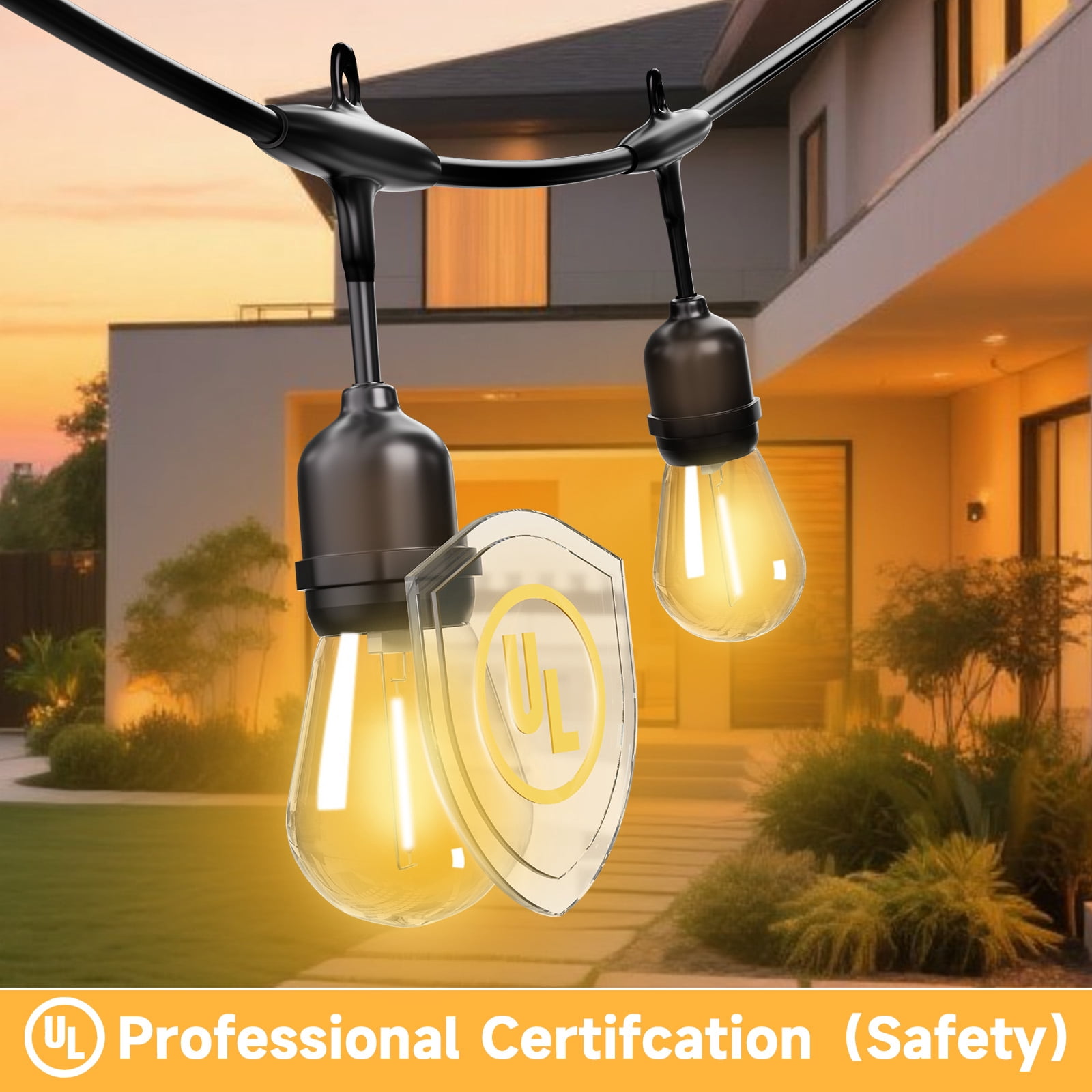 Outdoor Safety String Lights 100FT - 24V 20W Commercial Grade Low Voltage Strand with 40 S14 Shatterproof Bulbs for Tree Garden Yard | Warm Yellow 3500K Party Lights | IP65 Waterproof | UL Listed