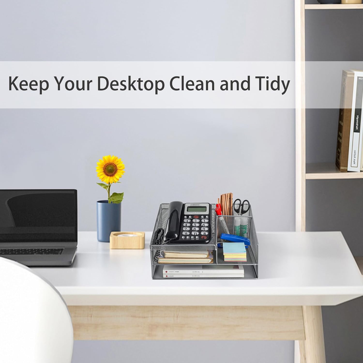 EasyPAG Multi-Compartment Mesh Desk Organizer - Black Metal Office Storage Caddy for Phones, Pens, Documents, Stationery