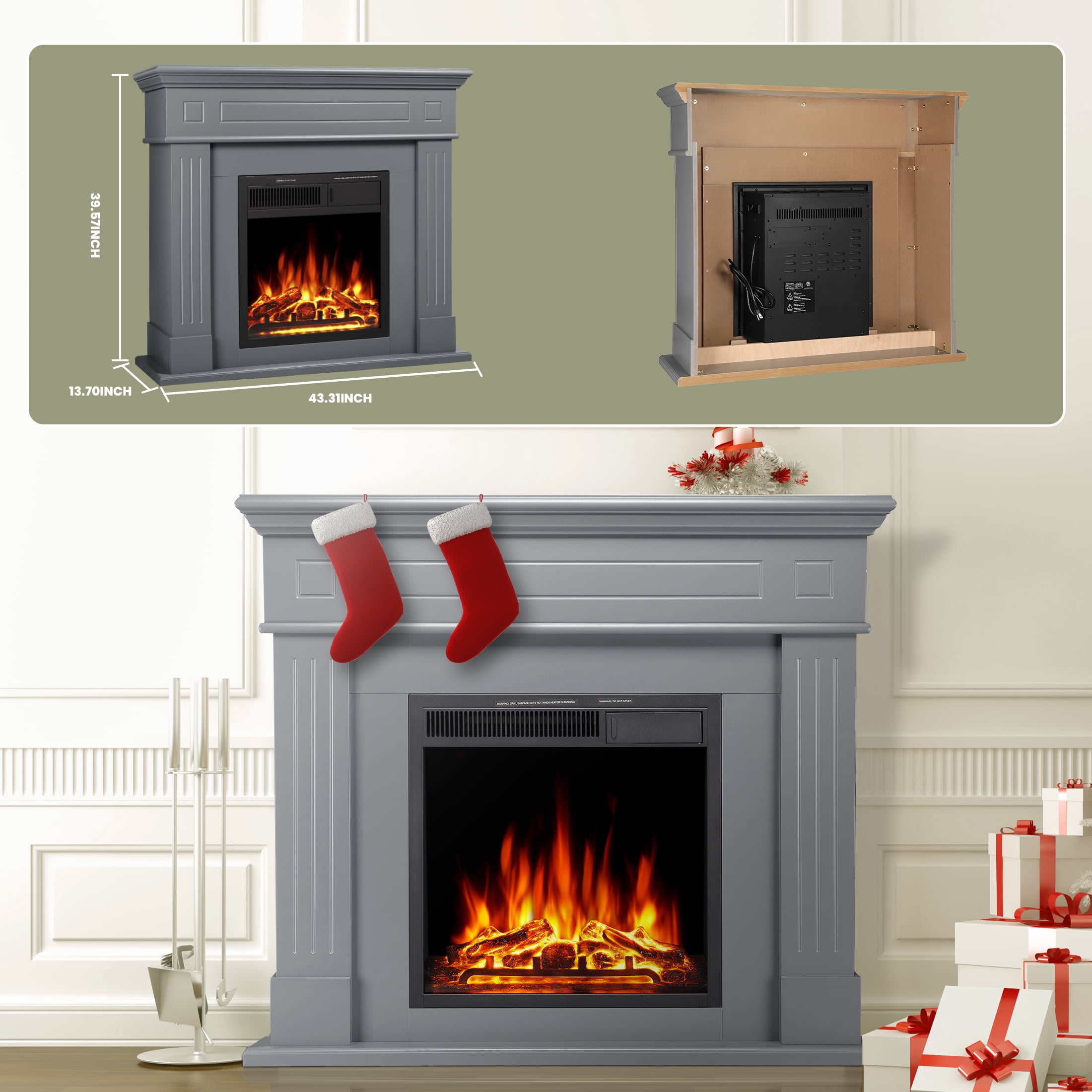 KISSAIR Electric Fireplace Mantel Package Wooden Surround Firebox TV Stand Free Standing Electric Fireplace Heater with Logs, Adjustable Led Flame, Remote Control, 750W-1500W, Grey