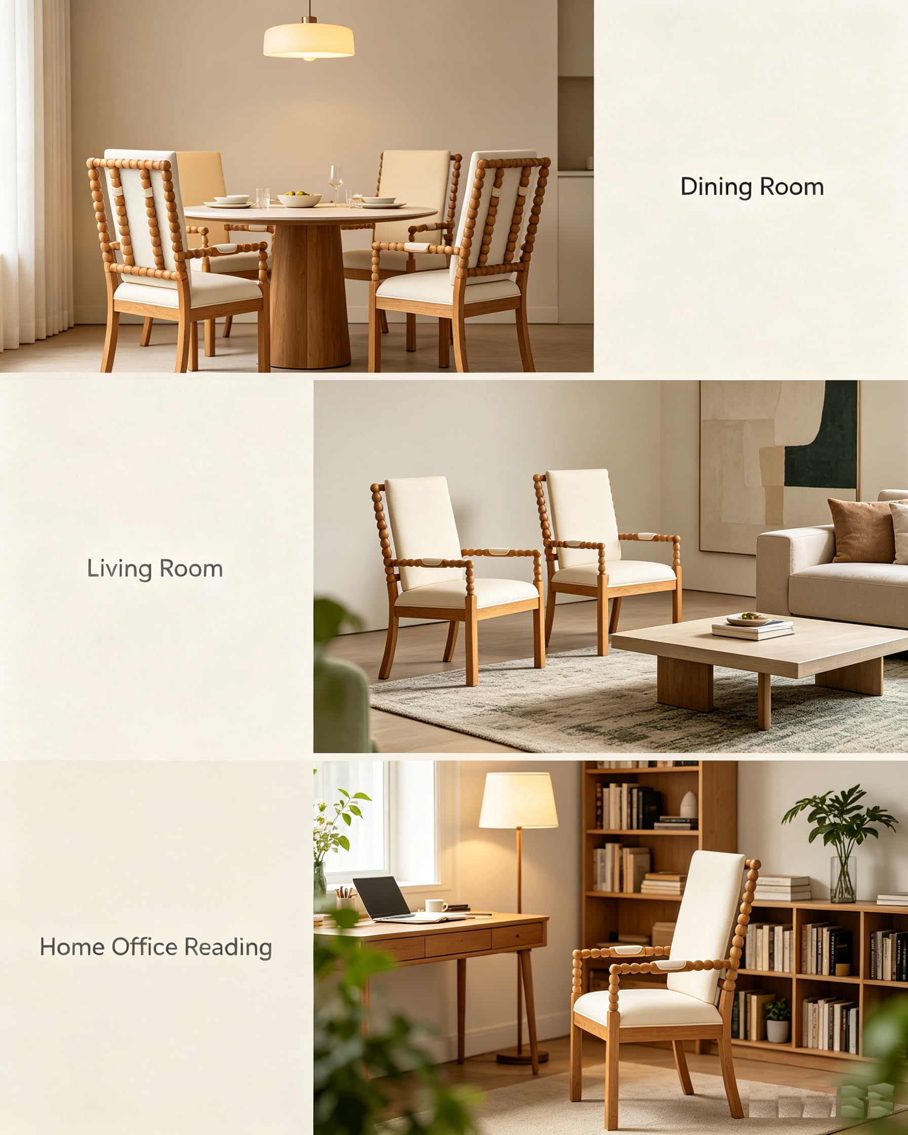 Garitin Dining Chair Set of 2 and Rubber Wood Side Chairs, Fabric Upholstered Seating with Spindle Back for Kitchen and Dining Room, Natural and Beige