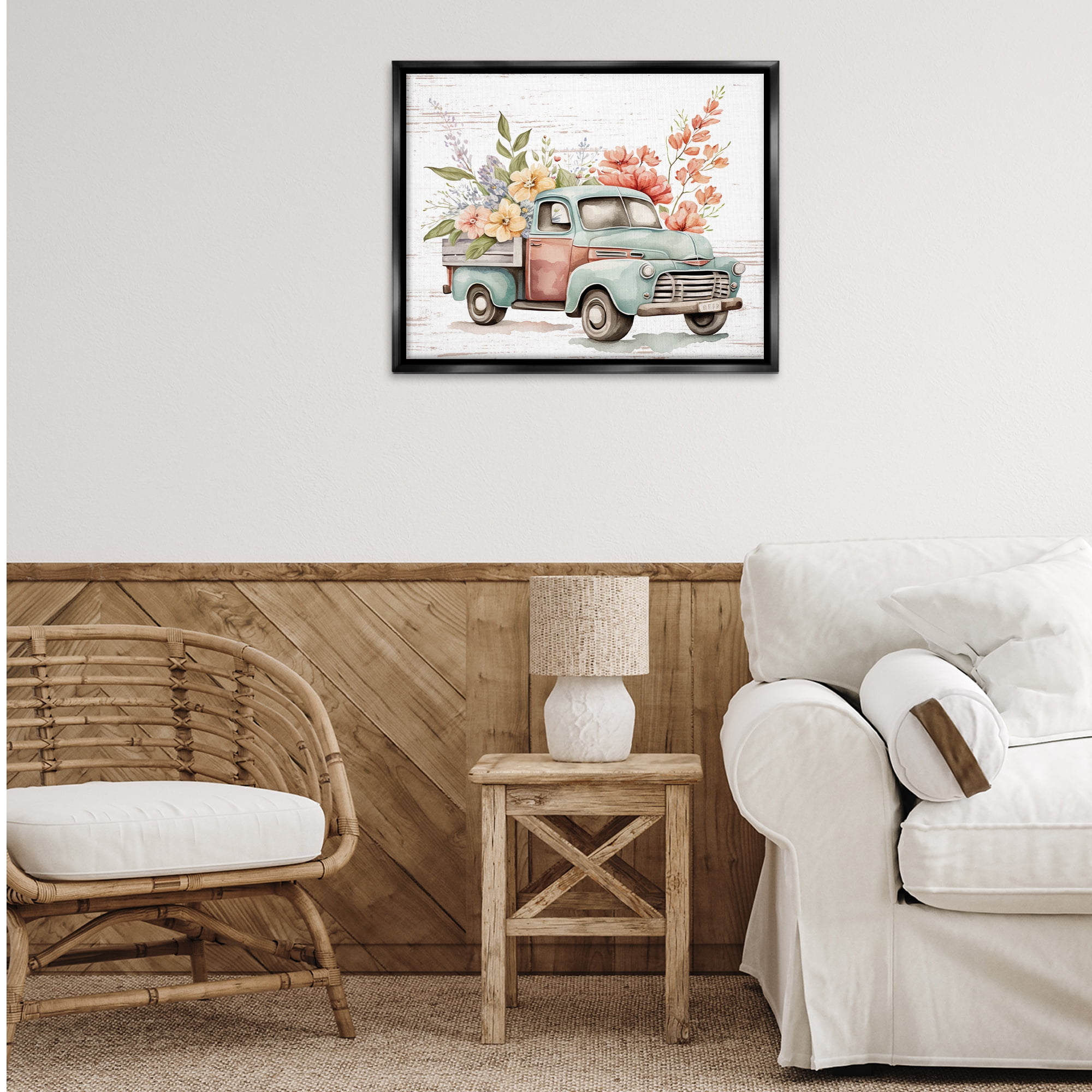Stupell Industries Flower Blossom Truck Transportation Painting Black Floater Framed Canvas Art Print Wall Art, 31 x 25