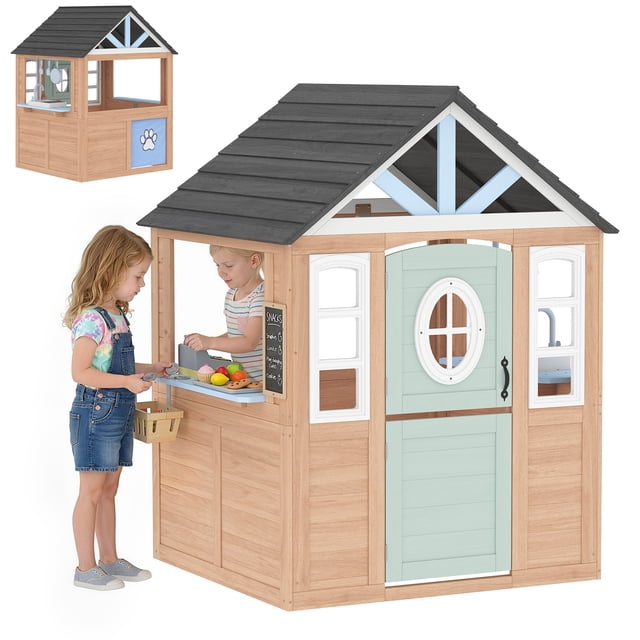 Qaba Maisonnette de Jeu Extérieure pour Enfants avec Porte pour Animal, Cuisine de Jeu pour Intérieur Extérieur