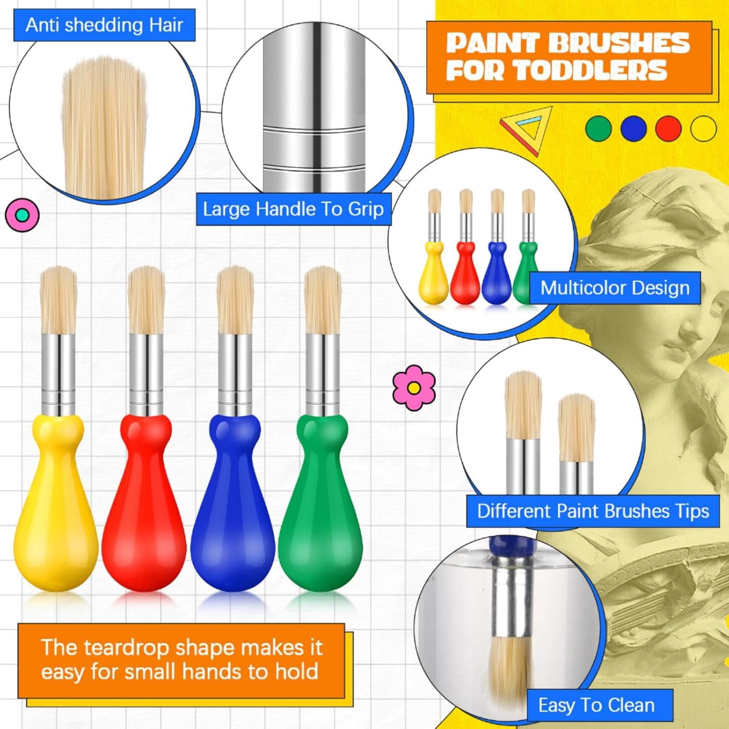 ABPETE 36 Pcs Chubby Paint Brushes for Kids Bulk Toddler Paint Brushes with Colorful Handle Washable Easy Grip Clean Vegan Bristles for Baby Preschool Watercolor Painting Art Supplies Craft Projects