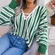 thumbnail image 4 of Suéter de punto con cuello en V para mujer, informal, elegante, manga abombada, color block, a rayas, Tops de punto, 4 of 7