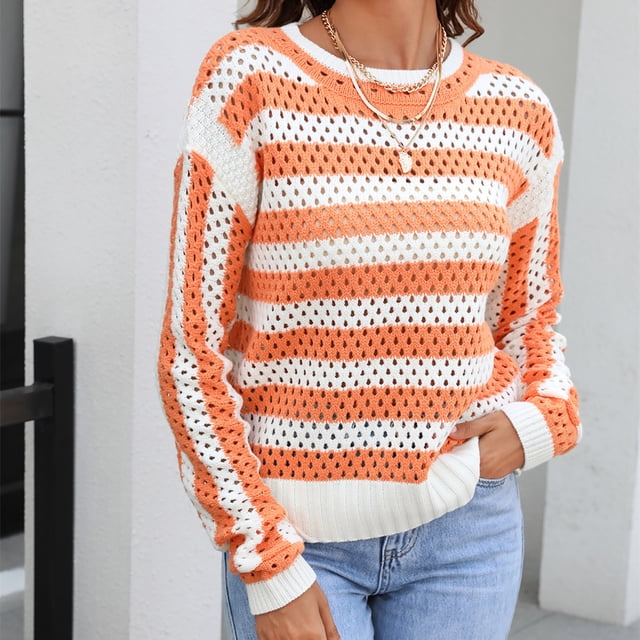 Babysbule Plus Size Womens Sweaters New Arrivals Women's Color Block Oversized Long Sleeve Sweaters Fall Winter Casual Loose Crewneck Ribbed Knit Pullover Sweater Clearance Women's Fashion