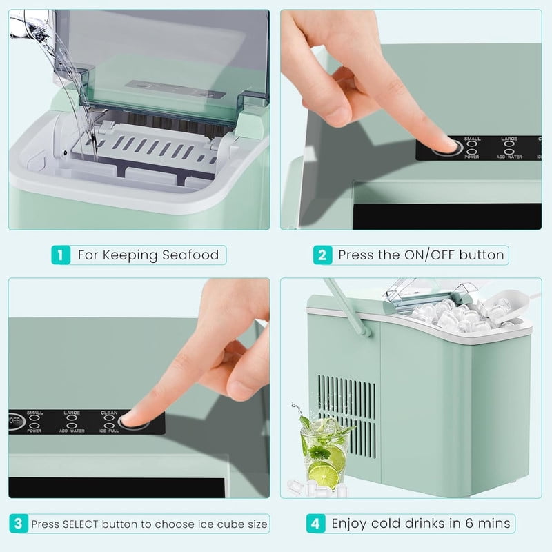 Simenmax Portable Ice Maker, Countertop Ice Machine with Handle & Basket, Compact for Home, RV, Camping, Parties – Green