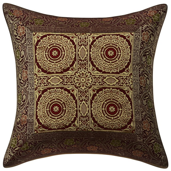 Stylo Culture Ethnic Settee Sofa Throw Pillow Cover 16x16 Jacquard Maroon Square 40 x 40 cm Home Decor Brocade Floral Mandala Zippered Cushion Cover | 1 Pc