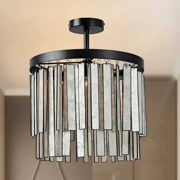 Coastal 15-Inch Brushed Brass Finish Flush Mount Ceiling Light with Capiz Shell for Dining Room, Entryway, and Living Room