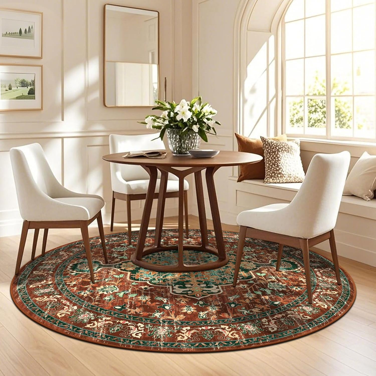 4 ft Round Area Rug, Yamaziot Boho Vintage Oriental Circle Carpet, Washable Non Slip Non Shedding Soft Faux Indoor Floor Mat Rug for Bedroom Living Room Sofa Office, Brown