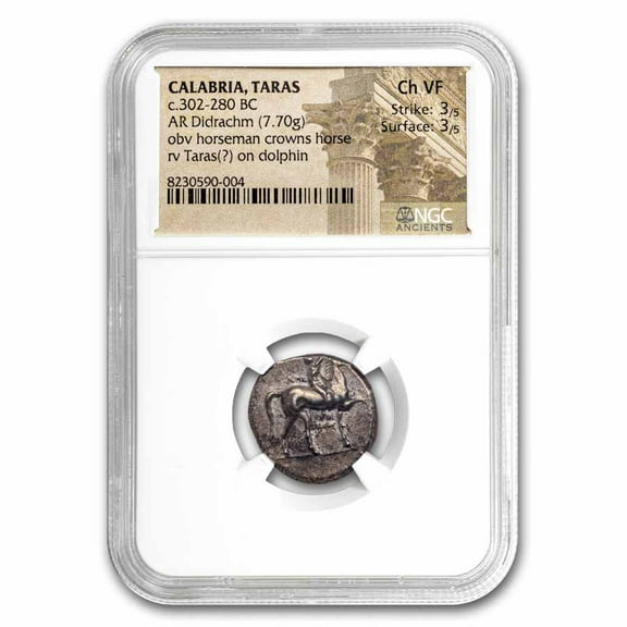 Calabria AR Didrachm Taras on Dolphin (280-240 BC) Ch VF NGC 3/3