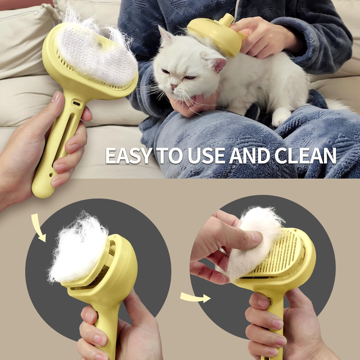 Cat Steam Brush for Shedding, 3-in-1 Self-Cleaning Grooming Comb for Long & Short Hair Cats & Dogs, Type-C Fast Charging (White)