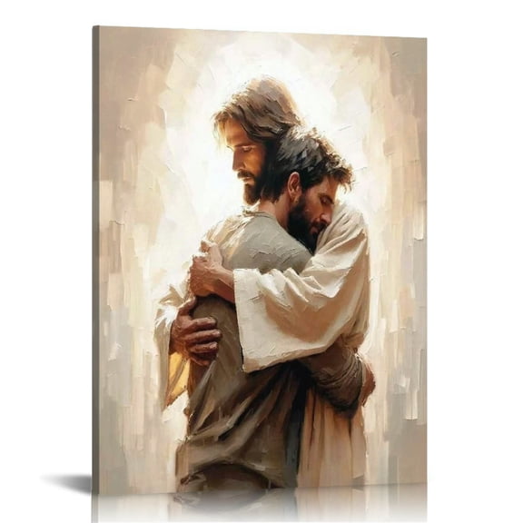 Jesus Embracing Man Canvas Wall Art, Safe in His Arms Pictures Canvas Print Posters Wall Decor, Christian Wall Art Home Decor for Living & Prayer Room Framed