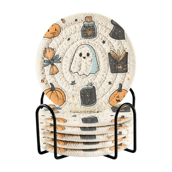 Yayeee 6 PCS Drink Coasters with Holder Set Woven Absorbent Round Tabletop Hot Pad, Halloween Ghost