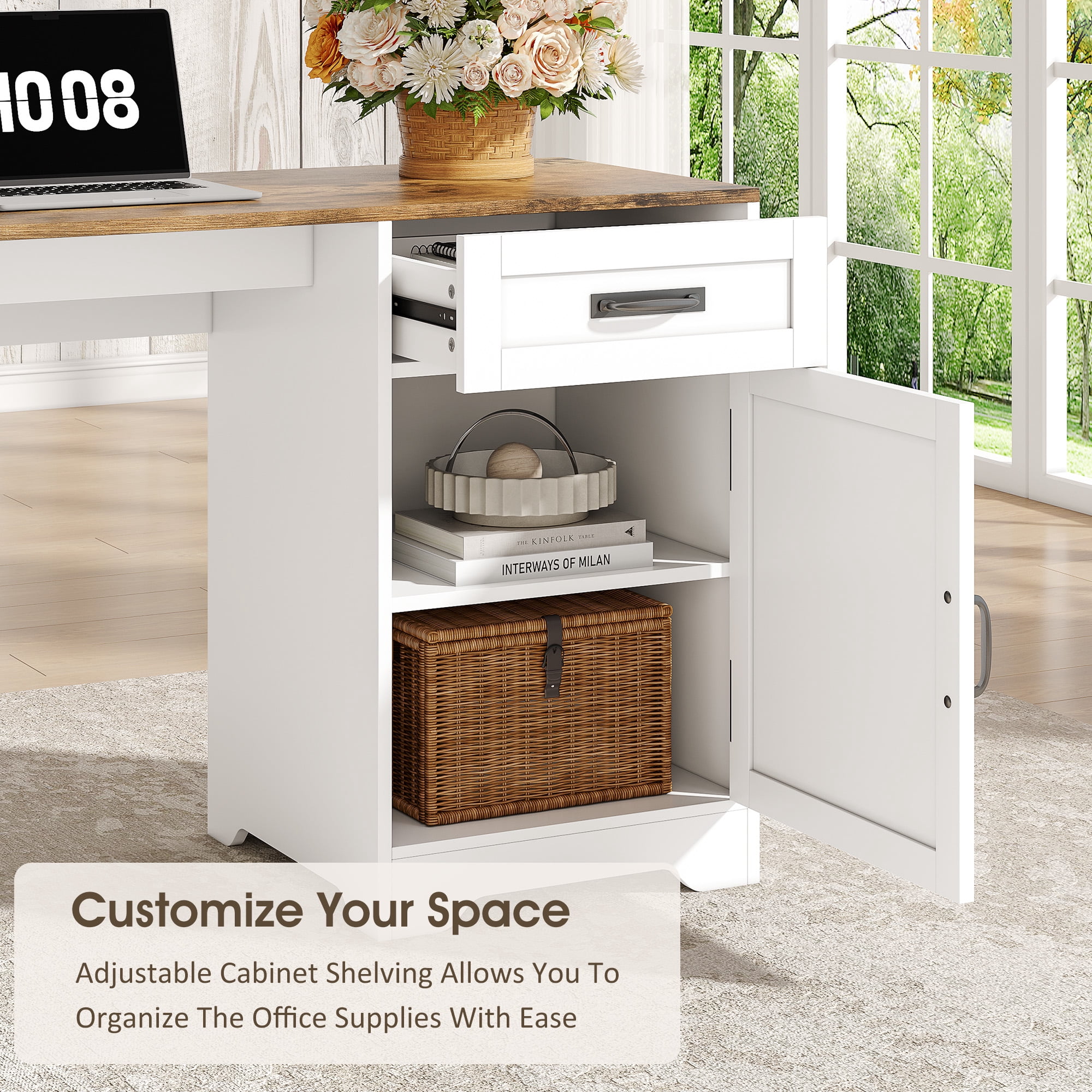 63'' Farmhouse L Shaped Desk with Drawers, Corner Computer Desk with Monitor Stand for Home Office, White