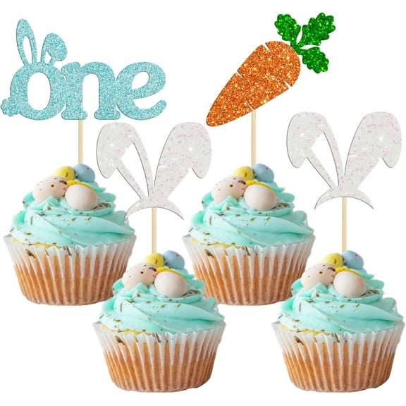 12pcs Easter One Cupcake Toppers Blue Glitter Bunny Ear Carrot Cake Toppers Decorations For Bunny Easter Theme Kids 1st Birthday Babyshower Party Decorations