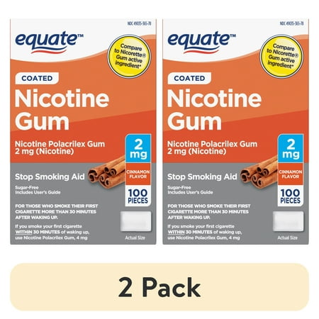 (2 pack) Equate Nicotine Coated Gum 2 mg, Stop Smoking Aid, Cinnamon Flavor, 100 Count, Compare to Nicorette® Gum Active Ingredient