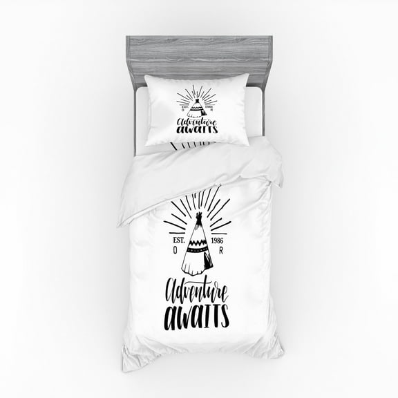 Saying Duvet Cover Set, Adventure Theme Primitive Culture Style Tent with Typography Wigwam Illustration, Bedding Set with Shams and Fitted Sheet, 3 Sizes, by Ambesonne