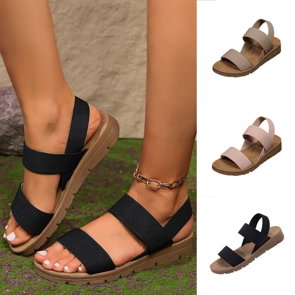 Sandals Women Dressy Women's Fashionable Casual Spring And Summer Versatile Plus Size Solid Color Round Toe Open Toe Elastic Wedge Sandals Khaki 40