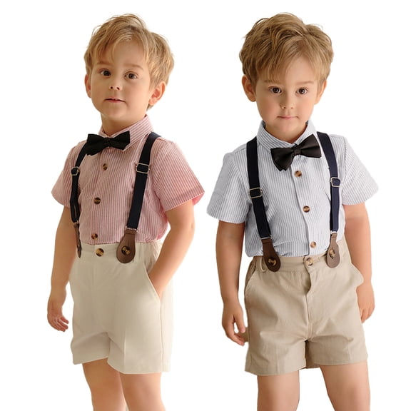 LYMAYTER Boys Children Formal Suit Set Striped Shirt Bow Tie Suspenders Wedding Outfit 1-11Y