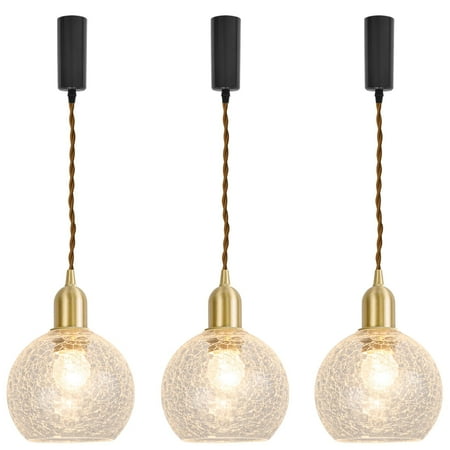 

KAYYELAMP J-Type Track Lamp E26 Copper Base Cracked Glass Lampshade 3.2 Ft Adjusted Cord Modern Track Pendant Light for Home Kitchen Farmhouse Loft Set Three(No Bulb Track)