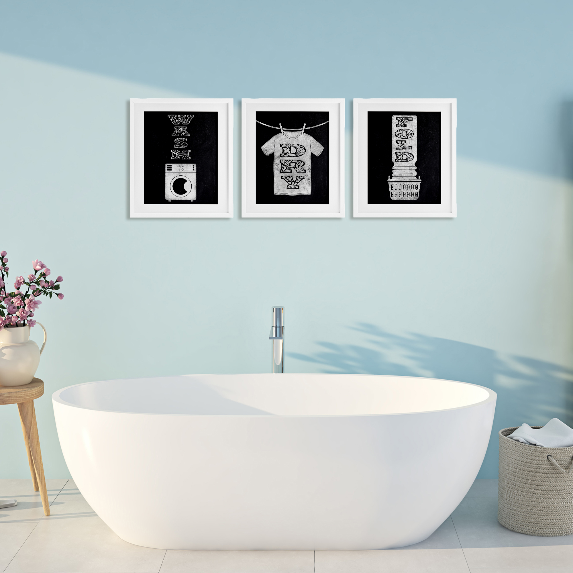 Wash & Dry Ornate Letters 3 Piece White Framed Print Under Glass Set, design by Marcus Prime