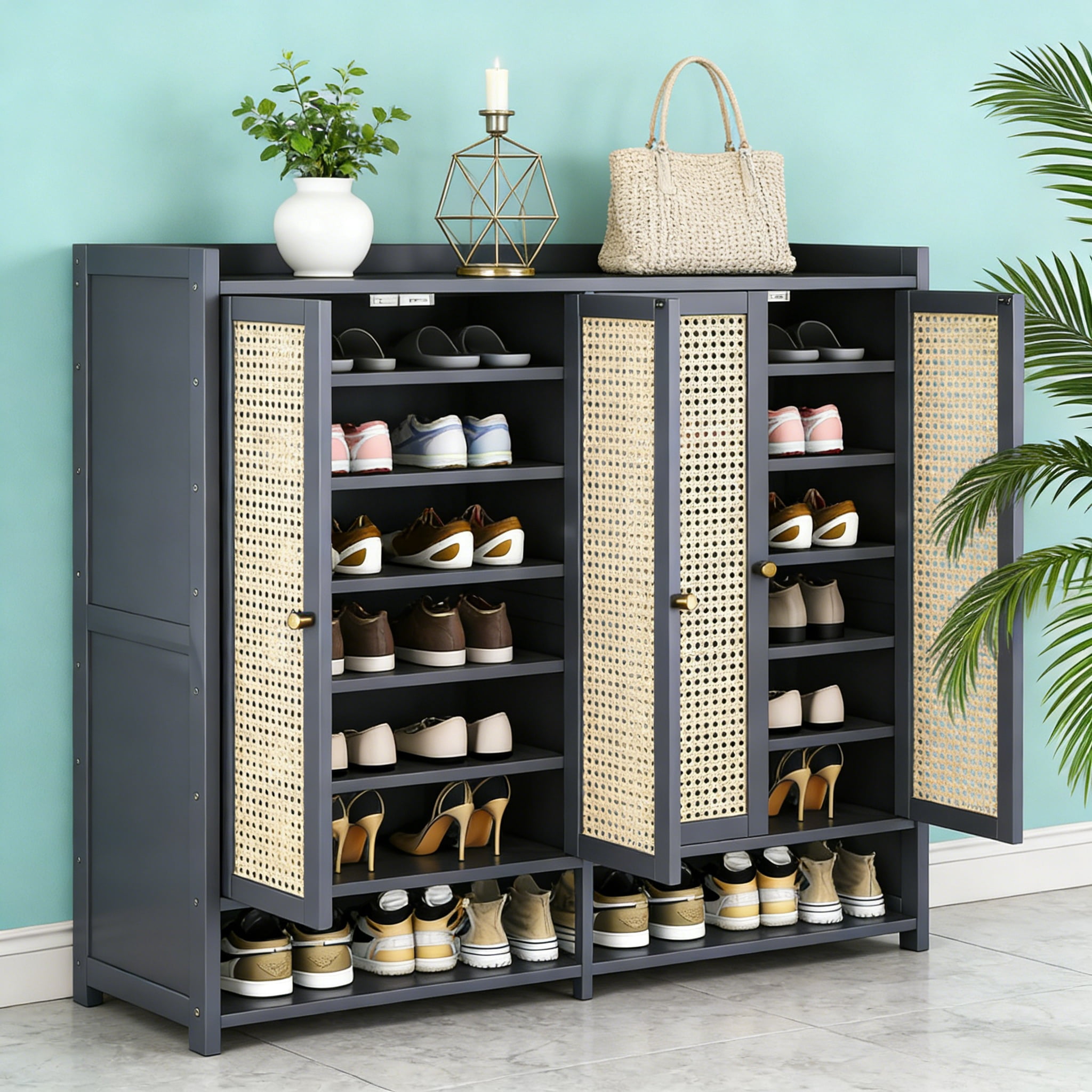 8-Tier Bamboo Shoe Cabinet, 40 Pairs Shoe Storage Cabinet with Doors, Freestanding Bamboo Shoe Rack Organizer with Shelves for Entryway, Hallway, Closet, Living Room, Grey