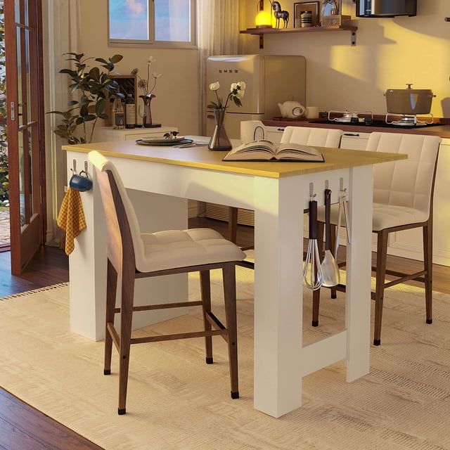 U_Style-CA Modern Counter Height Table with Foldable Top, Marble-Pattern Surface, 2-Door Storage Cabinet, Adjustable Shelf, Side Hooks & Aluminum Handles, for Dining Room (Chairs Not Included)