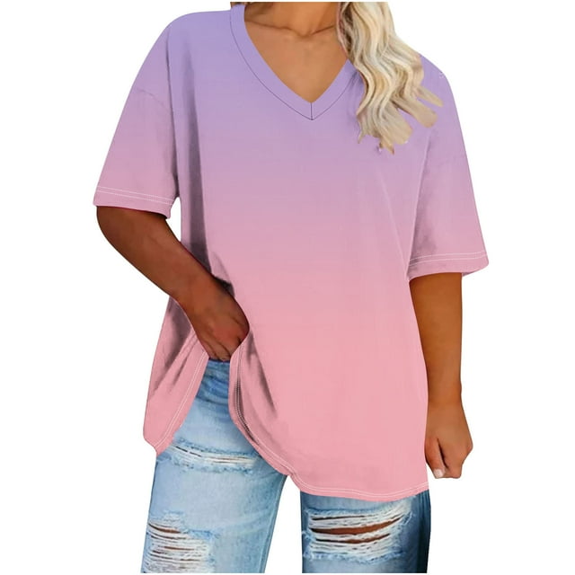 Plebaso Womens Plus Size T Shirts Print V Neck Short Sleeve Loose Tee Tops Casual Summer Blouses Tunic