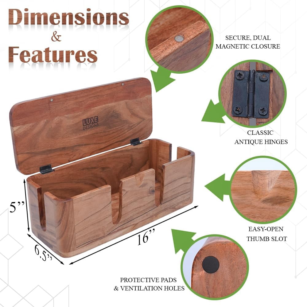 Luxe Designs Cable Management Box & Cord Organizer- Cable Organizer for Desk, Home, Office. Hides Wires, Surge Protectors,  Eco Friendly Mango Wood Cord Management Solution (Natural Acacia)
