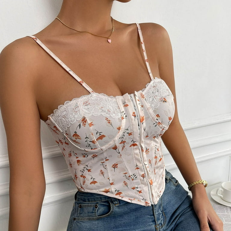 YYDGH Bustier Tops for Women Floral Print Corset Top Spaghetti Strap Open  Back Boned Corset White S