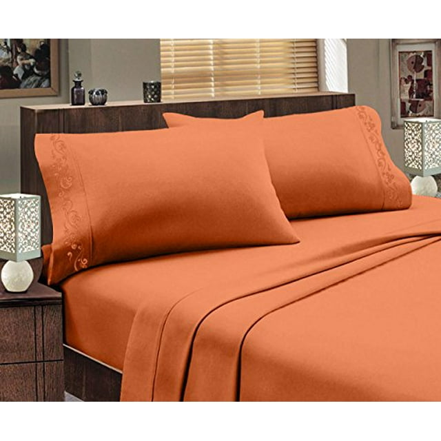 Italian Design 1800 Series Egyptian Comfort Super Soft Embroidery 4 Piece Sheet Set (King, Orange)
