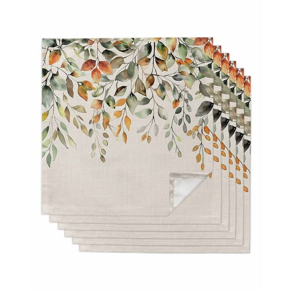 Orange Green Eucalyptus Leaves Cloth Napkins Washable Set of 6, Fall Botanical Rustic Reusable Dinner Table Napkins Cloth Bulk for Weddings Kitchen Restaurants Hotel Events Parties 20 x 20 Inch