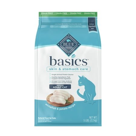UPC: 0840243102068 | Blue Buffalo Basics Skin & Stomach Care Indoor Fish and Potato Dry Cat Food for Adult Cats  Grain-Free  5 lb. Bag