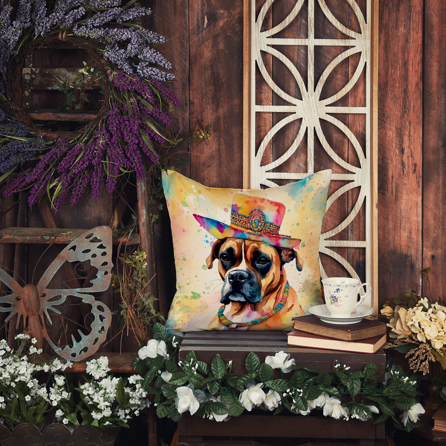 Boxer Hippie Dawg Fabric Decorative Pillow 18 in x 18 in