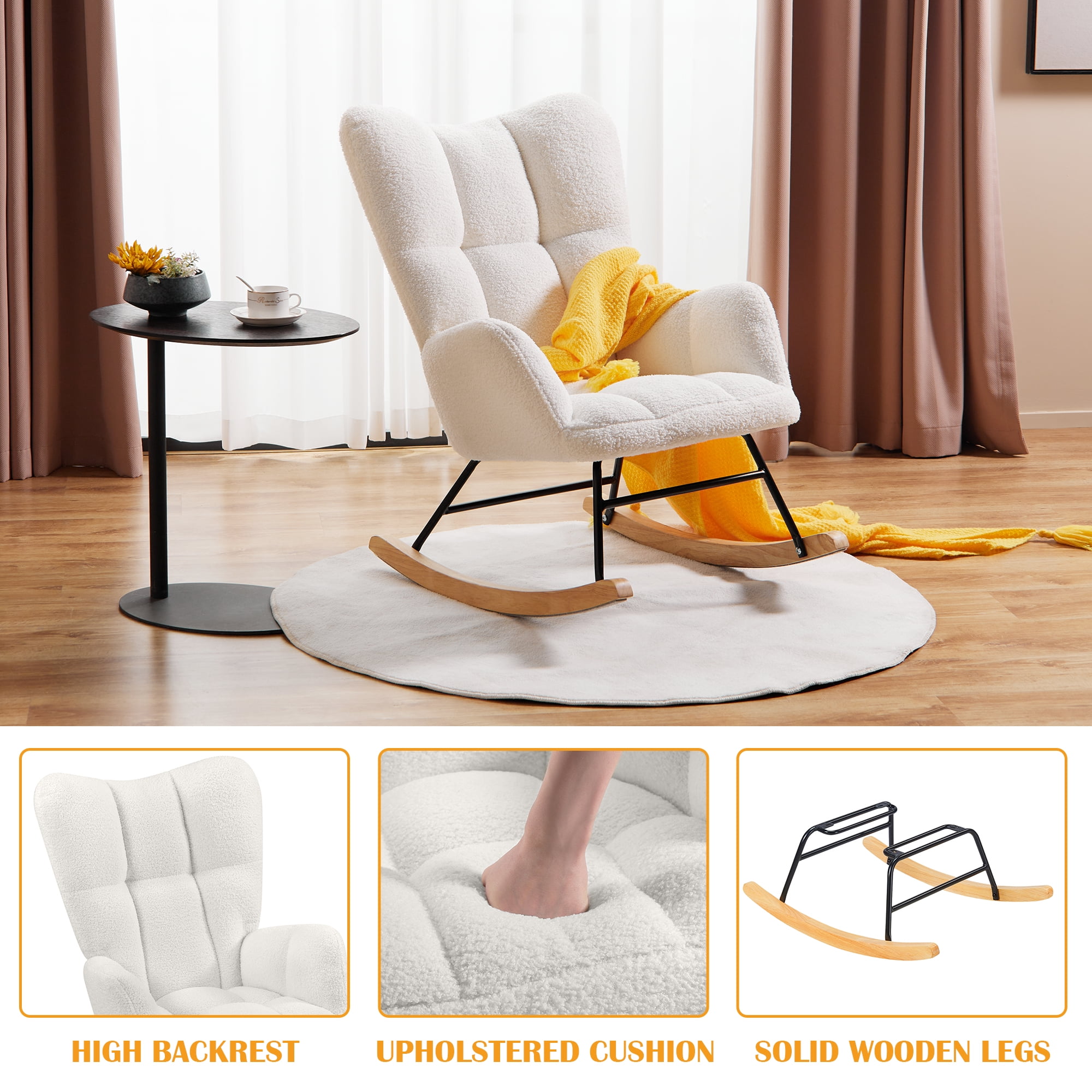TrumanPick Rocking Chair Nursery Boucle Upholstered Accent Chairs Comfy Glider Rocker with High Backrest for Living Room,White