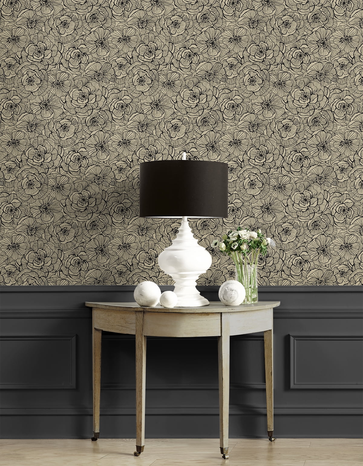 NextWall Gold Shimmer & Ebony Ellie Graphic Floral Peel and Stick Wallpaper